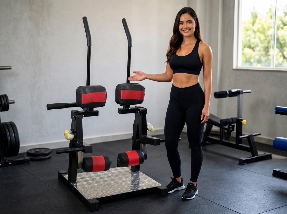 Modelo utilizando equipamento para treino de pernas da C&V Power Fitness